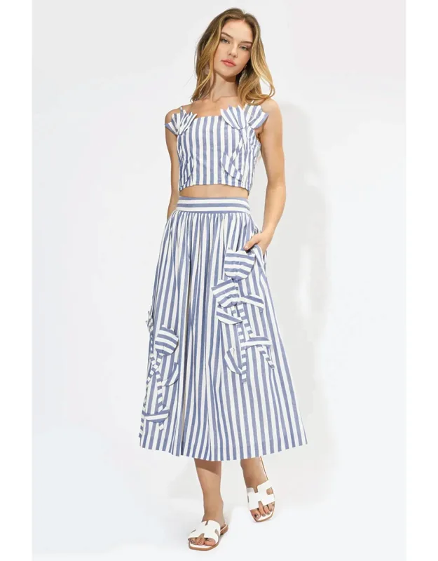 Striped 3d Floral Detail Midi Skirt