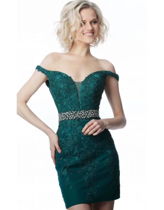 Off The Shoulder Lace Appliqued Beaded Short Dress
