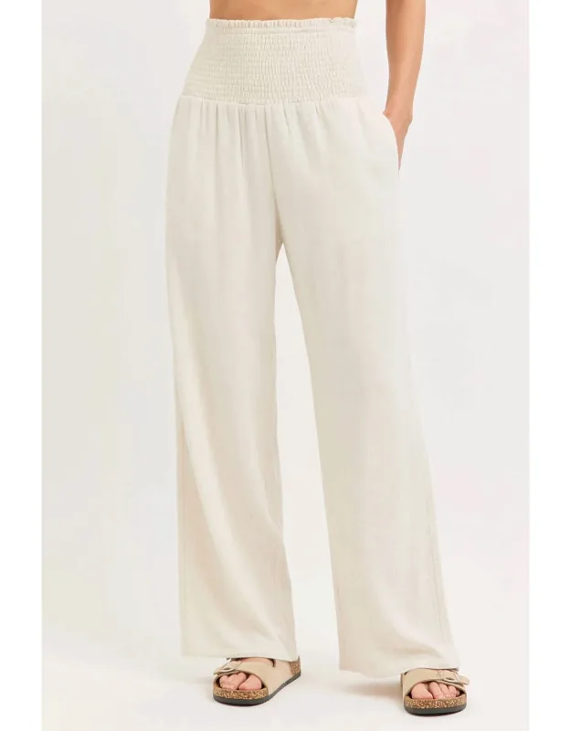 Smock Waist Lined Blend Wide Leg High Rise Pants