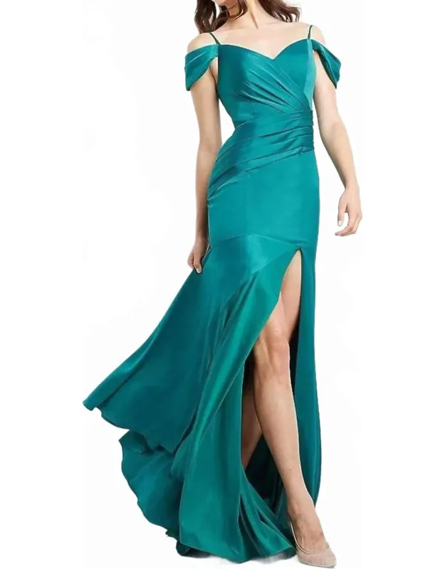 Cold Shoulder Pleated Bodice High Slit Long Dress