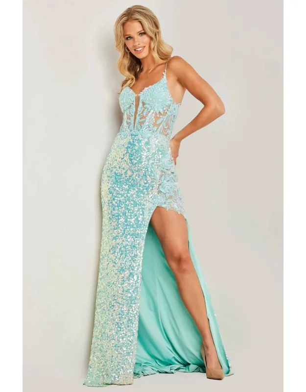 Illusion Bodice Plunging Neck Prom Dress