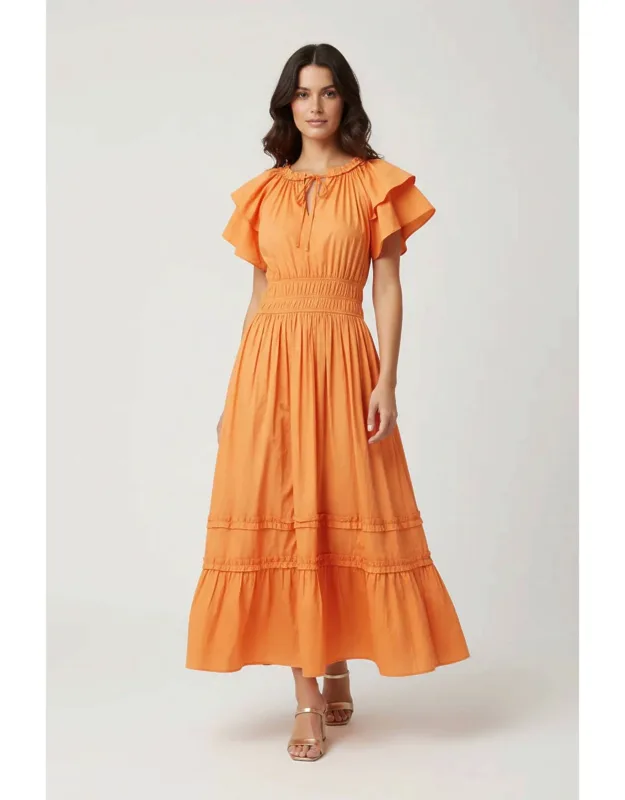 Ruffled Sleeve Waist Elastic Side Pocket Midi Dress