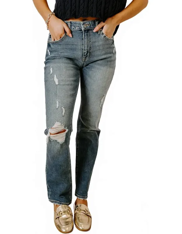 High Waist Distressed Straight Leg Jeans