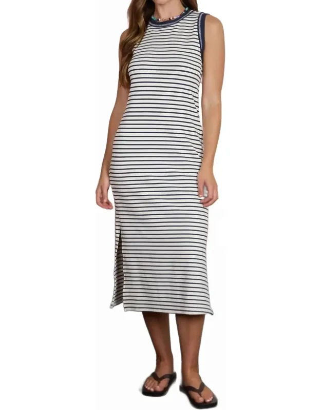 Stripe Contrast Trim Sleeveless Knit Midi Dress