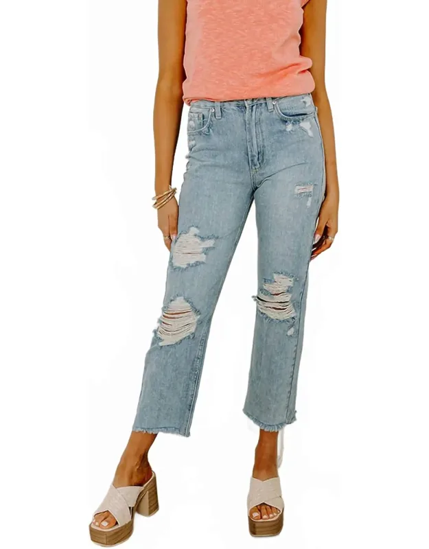 High Waist Distressed Straight Leg Jeans