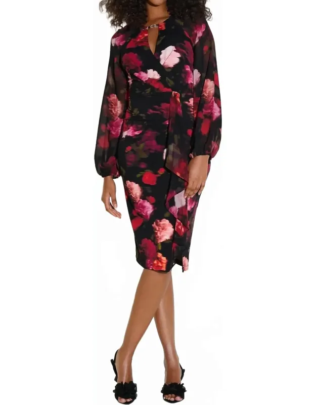 Floral Chiffon Puff Sleeve Sheath Dress