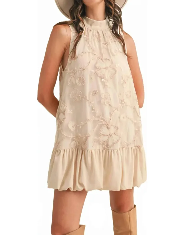 Bubble Hem Embellished Mixed Media Mini Dress