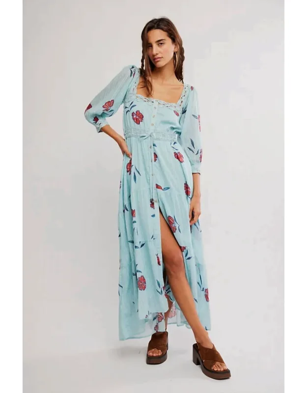 Morning Meadows Maxi Dress With A-line Silhouette And Lace Detailing