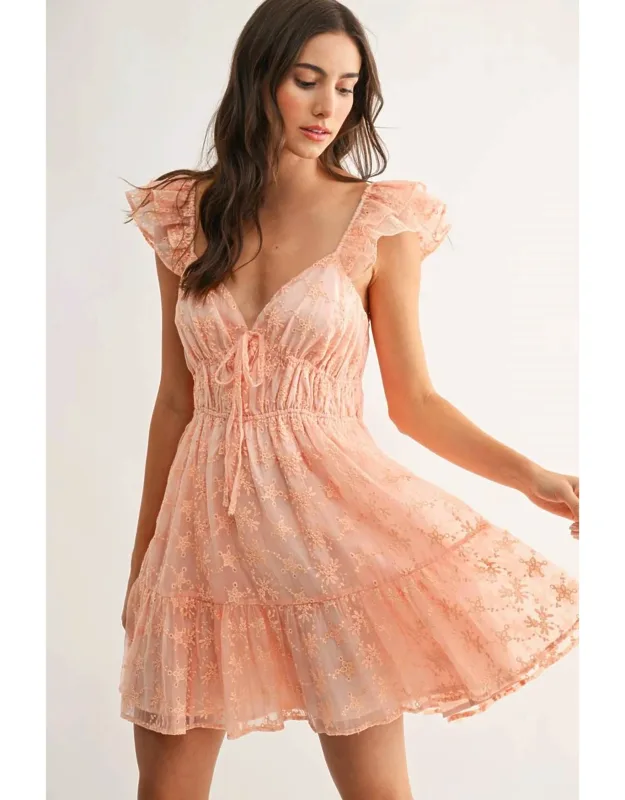 Chiffon Flutter Embroidered Sleeve Mini Dress