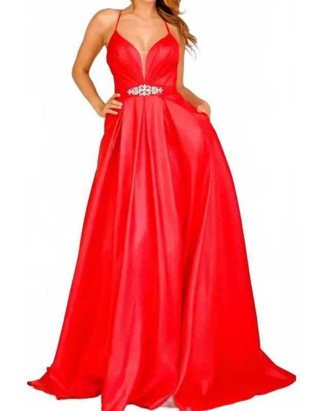 Plunging Neck A-line Evening Dress