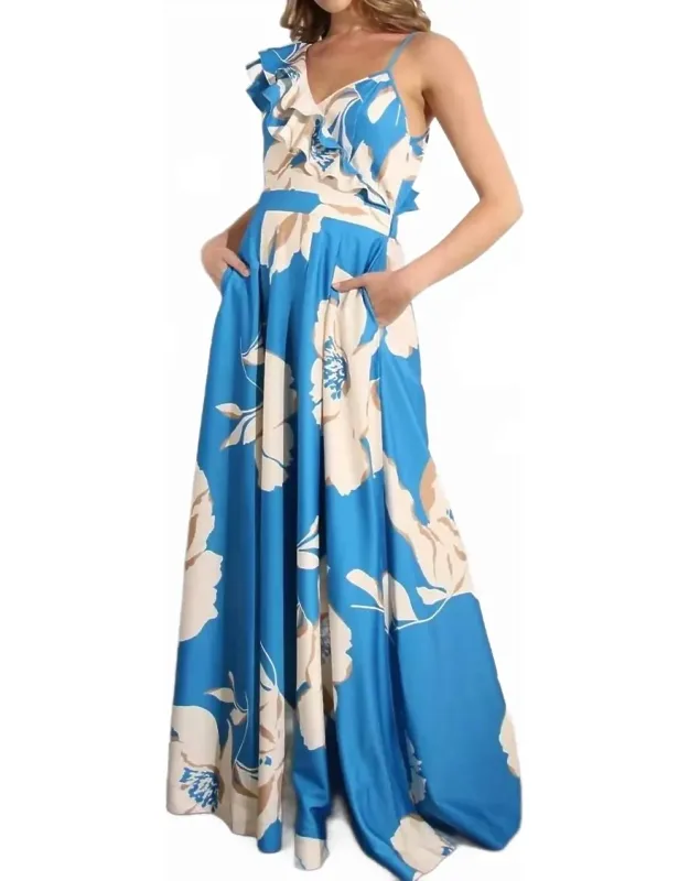 One Shoulder Ruffle Pleated Maxi Dress