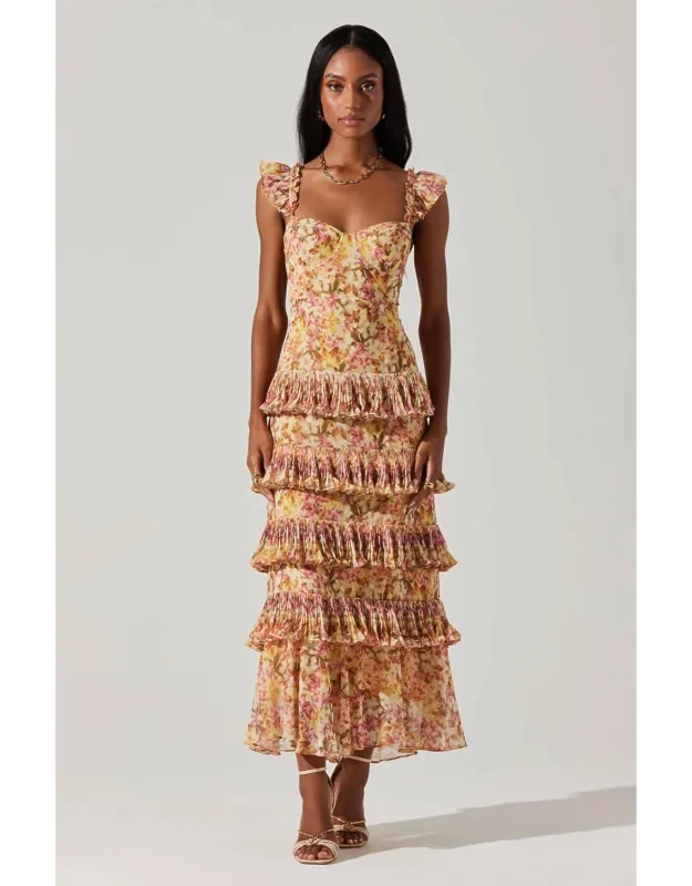 Ayesha Dress In Floral Multi With Tiered Ruffle Trim And Adjustable Straps