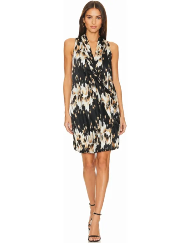Abstract Print Sleeveless Draped Bubble Hem Dress