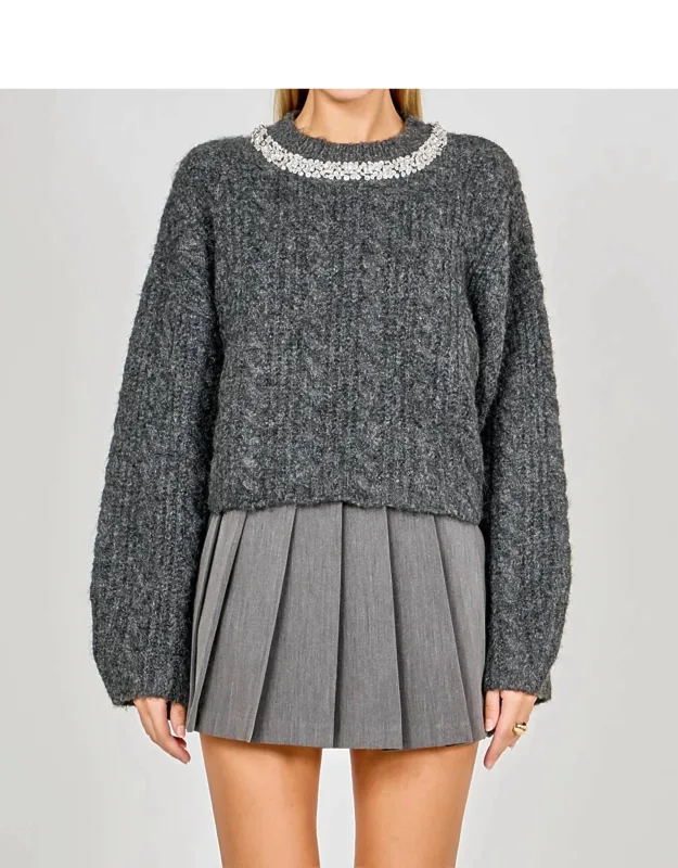 Jewel Embroidered Cable Knit Chunky Sweater