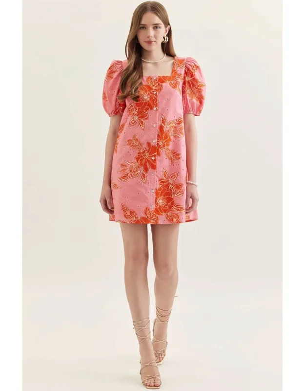 Botanical Print Puff Sleeve Mini Dress