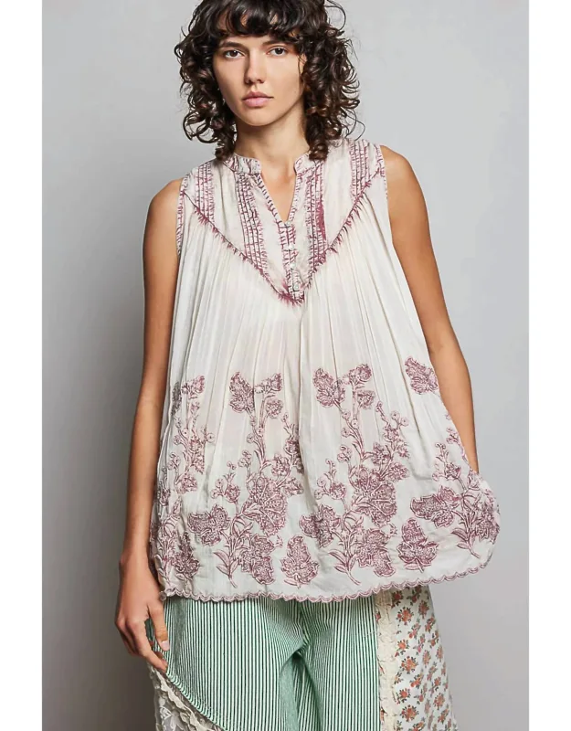 Embroidered V Neck Sleeveless Elastic Loop Shirring Top
