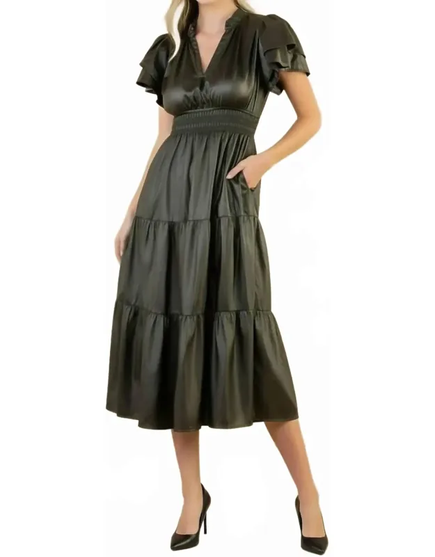 Flutter Sleeve Faux Leather Midi Dress