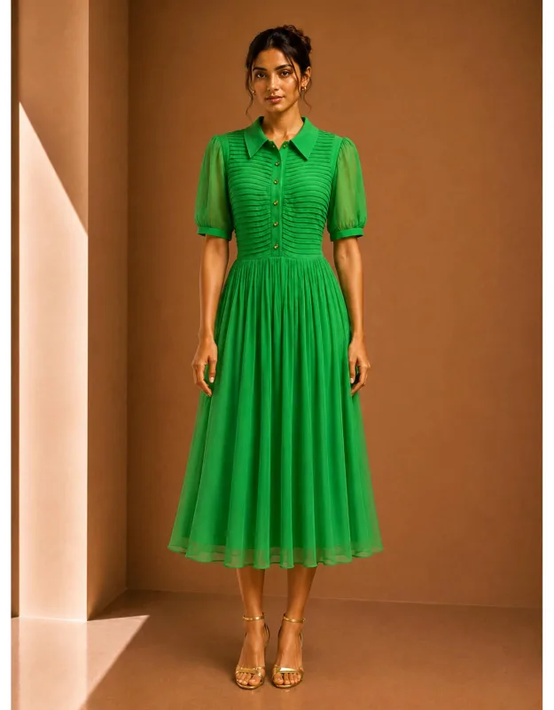 Sheer Pleated Midi Dress