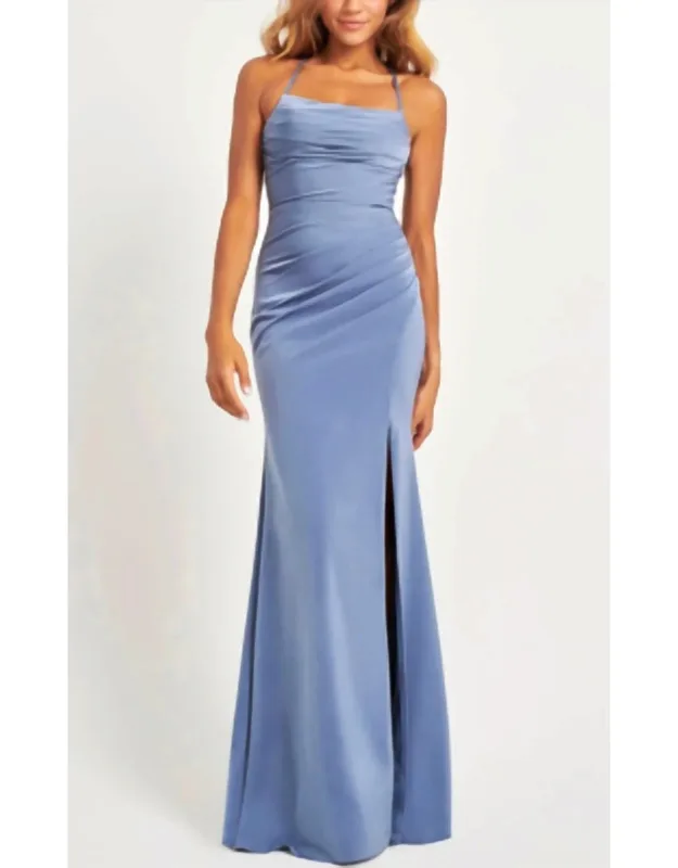 Matte Satin Maxi Dress With Gathered Side And Lace-up Back