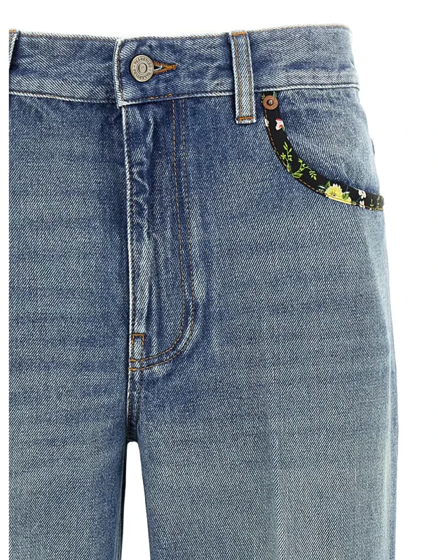 _valentino Garavani Cotton Jeans With Floral Fabric Piping And Five Pockets_