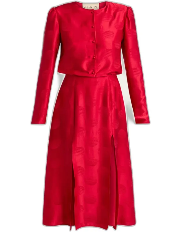 Polka-dot Satin Long-sleeve Midi Dress