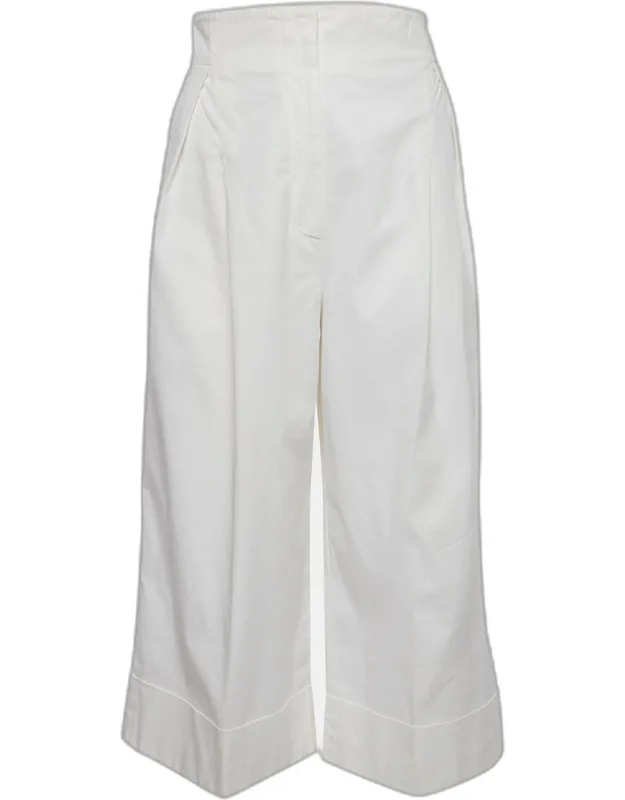 White Stretch Cotton Wide Leg Pleated Pants