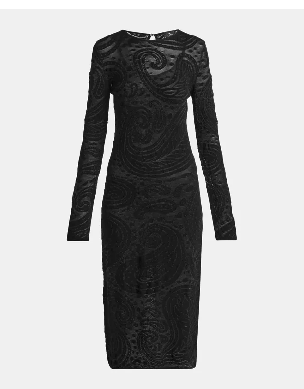 Sheer Paisley Knit Long-sleeve Midi Dress