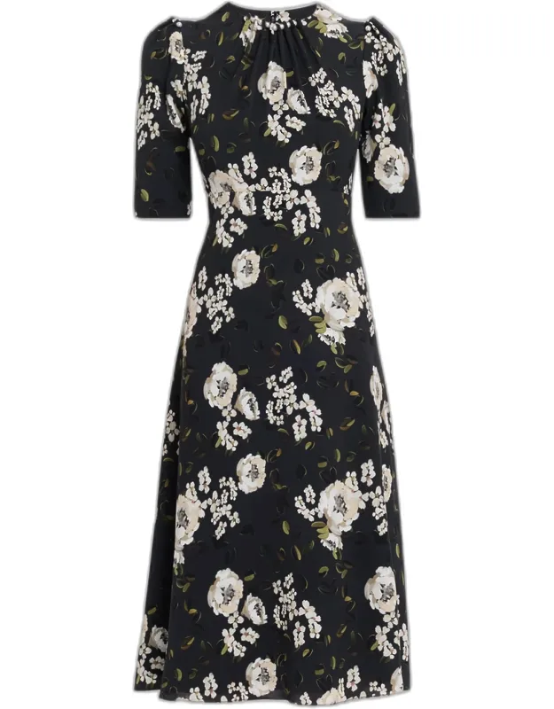 Pearly-trim Floral Midi Dress