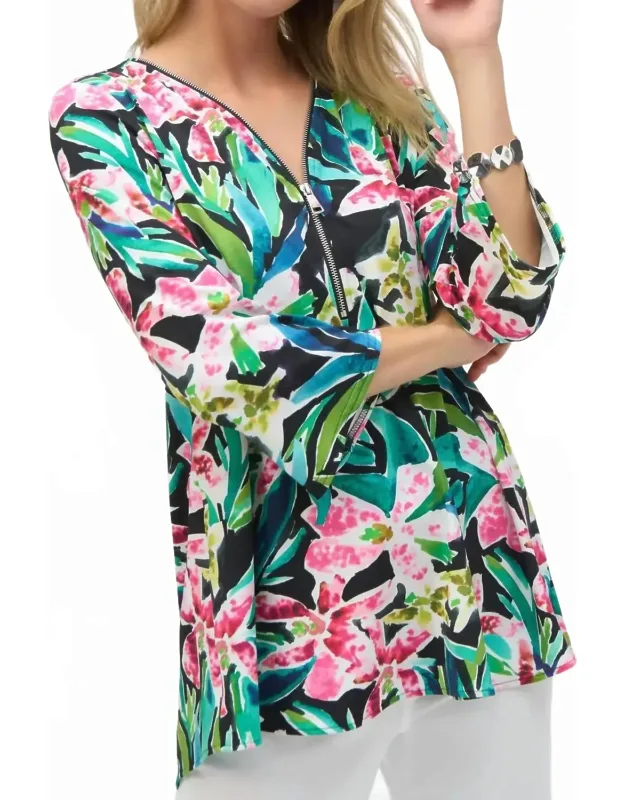 Bold Print Silky Knit Flared Sleeve Tunic Top