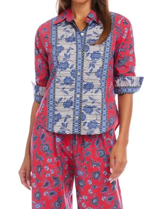 Ruched Sleeve Border Print Shirt