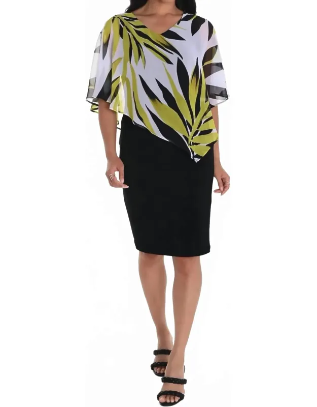 Asymmetric Leaf Chiffon Overlay Dress