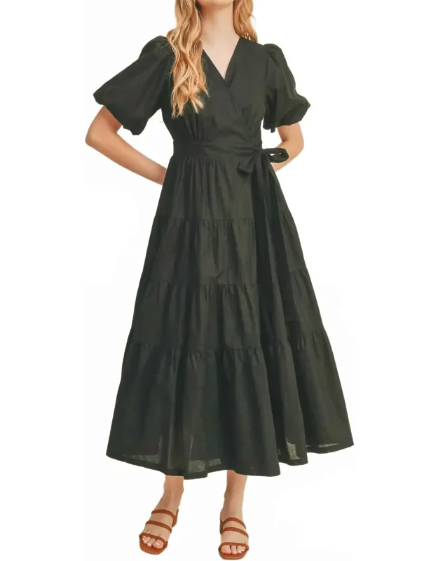 Tiered Wrap Dress With Puff Sleeves
