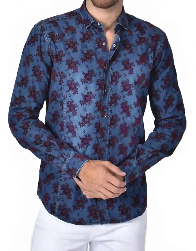Denim Button Down Shirt With Flocking Bouquet