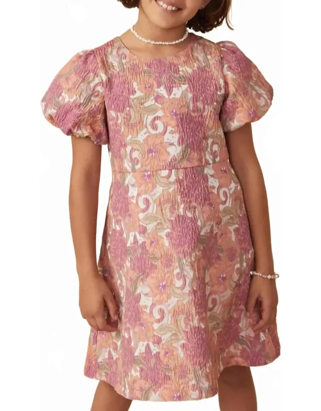 Floral Print Puff Sleeve Jacquard Dress