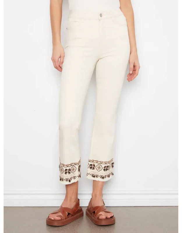 Cropped Twill Pants With Embroidered Hem