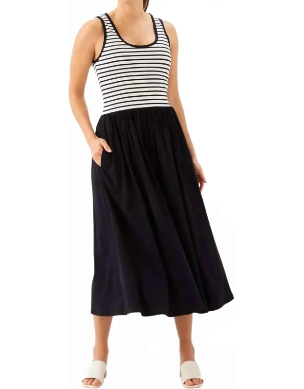 Sleeveless Stripe Bodice Mixed-media Midi Dress