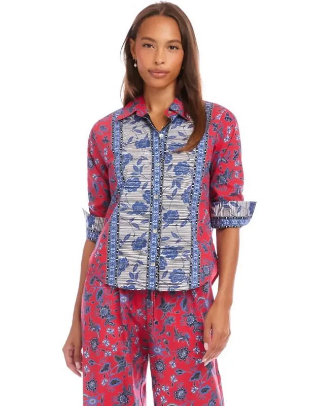 Ruched Sleeve Border Print Shirt