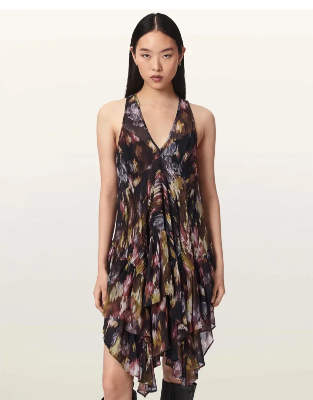 Allsaints Gretel Asymmetric Tiered Midi Dress V-neck Sleeveless Racer Back Detail