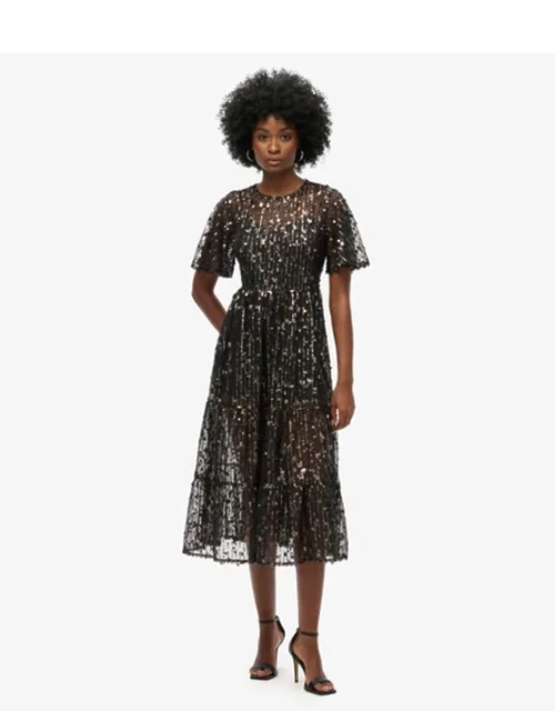 Volume Tiered Mesh Midi Dress