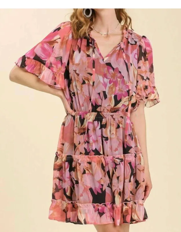 Split Neck Front Tie Tiered Dress