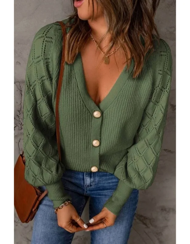 Bishop Sleeve Button V Neck Cardigan Sweater