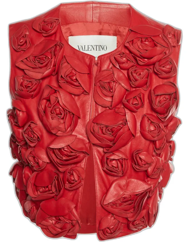 Red Leather Floral Applique Cropped Jacket