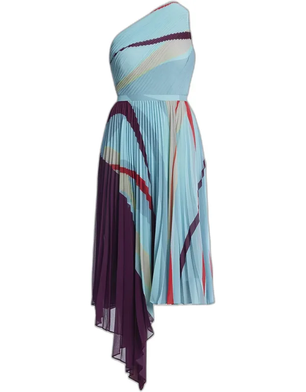 One-shoulder Abstract-print Pleated Midi Dress