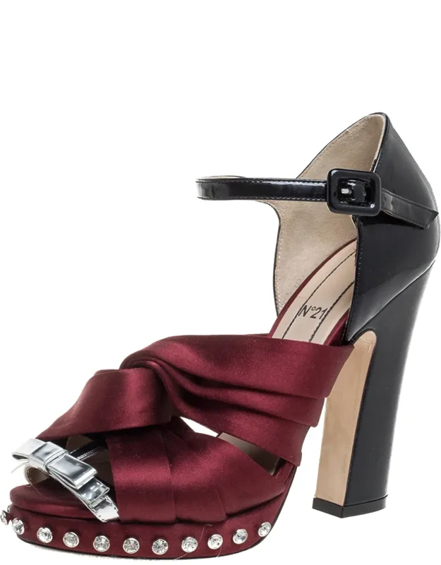 Satin And Patent Leather Crystal Embellished Pleated Bow Ankle Strap Sandals