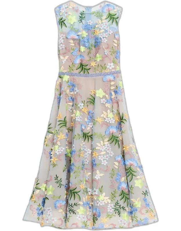 Beaded Floral Applique Midi Dress