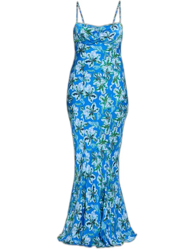 Renee Long Floral Silk Spaghetti-strap Dress