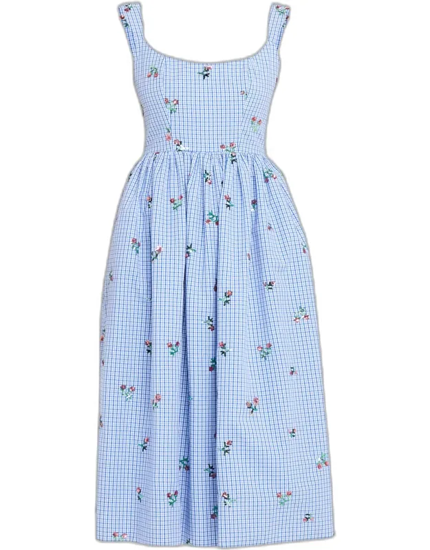 Sequin Embroidered Check Fit-and-flare Midi Dress