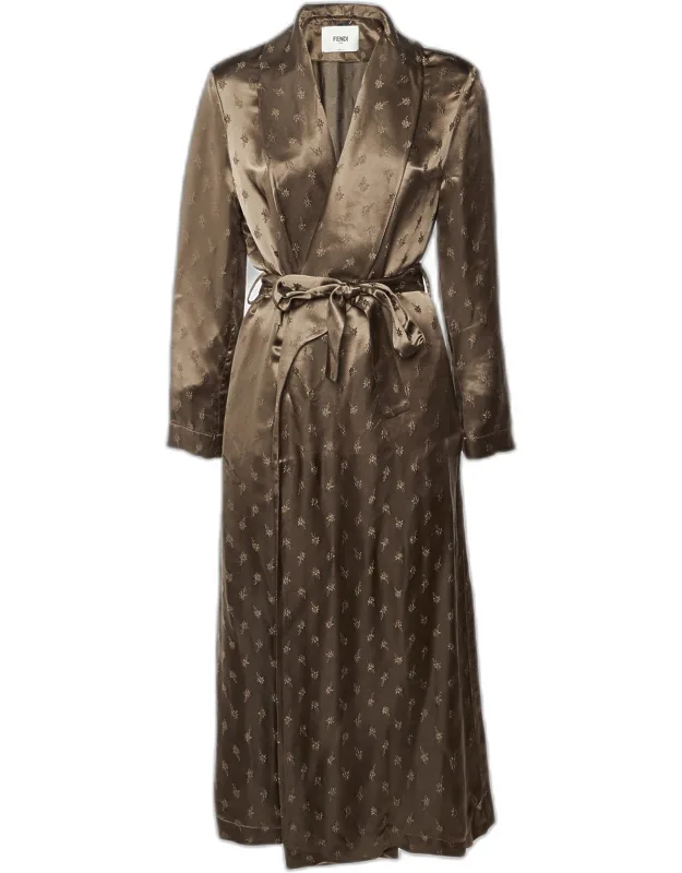 Satin Floral Jacquard Belted Overcoat