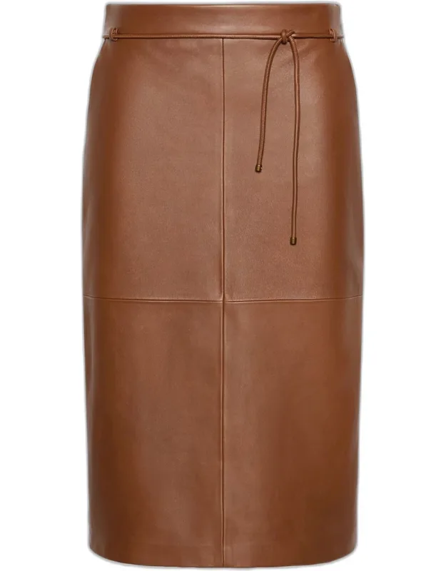 Belted Leather Midi Skirt