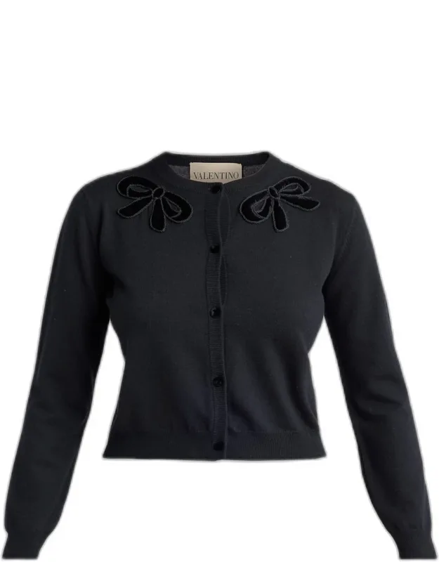 Velvet Bow Wool Crewneck Cardigan